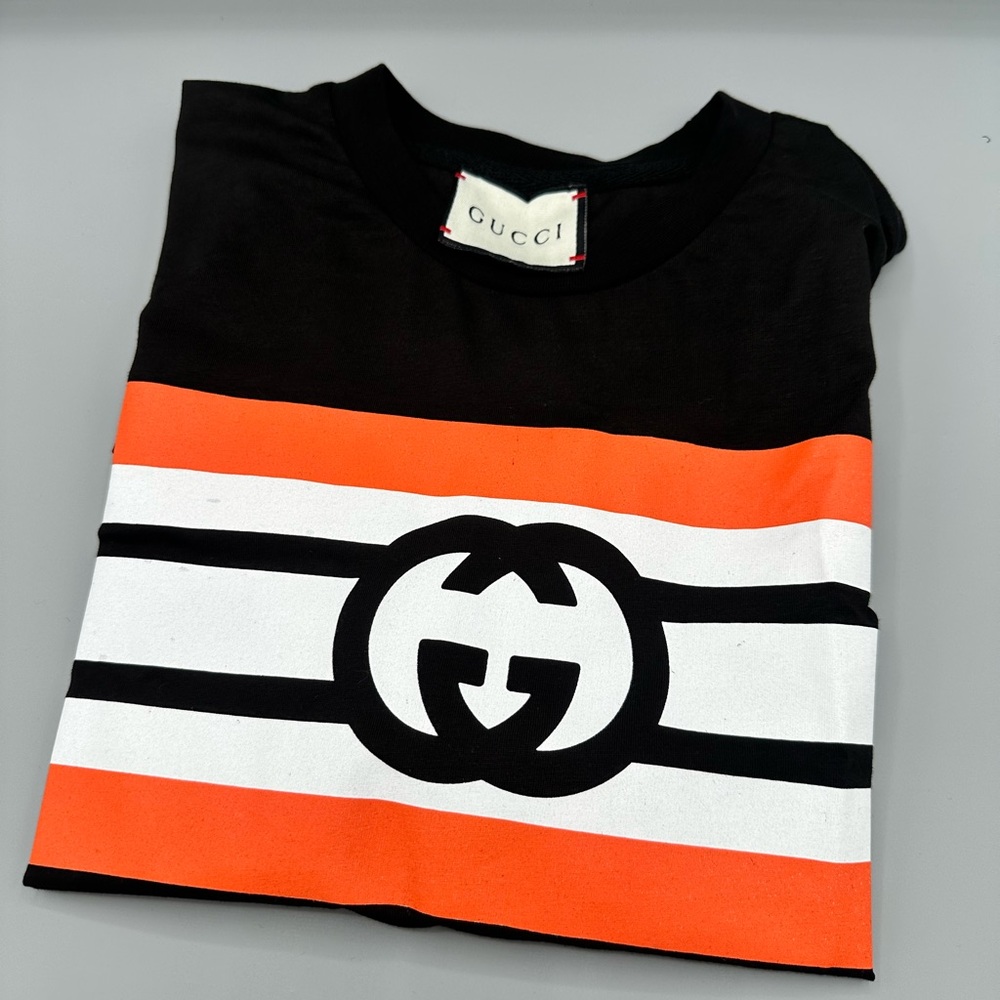 Gucci Black and Orange Short Sleeve Tee with Stripes